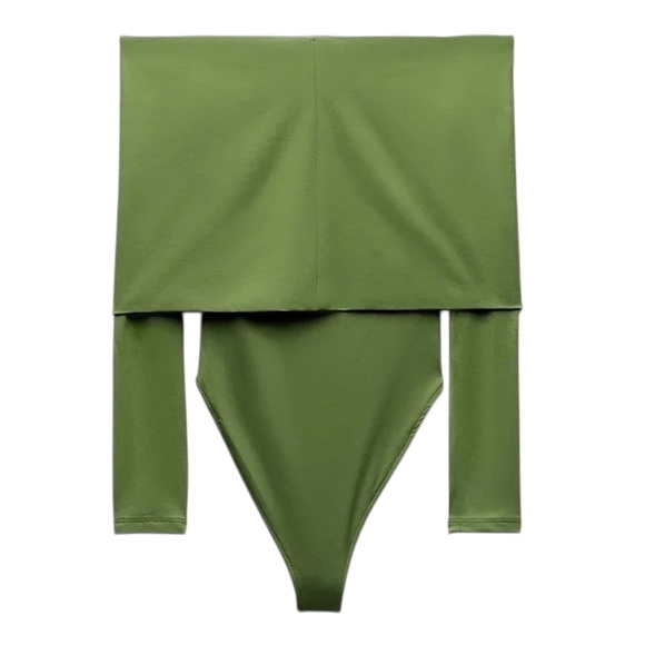 ZARA Bodysuit Long Sleeve Foldover Top Bright Olive Green Silky Smooth Stretch - Picture 6 of 15
